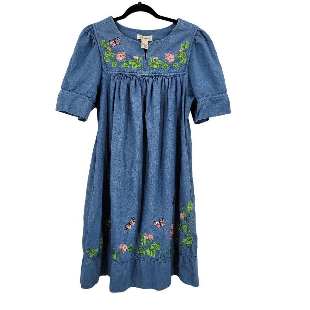Vintage Denim Midi Dress S Blue Floral Butterfly Embroidered Puff Sleeve Kidcore - Picture 4 of 16
